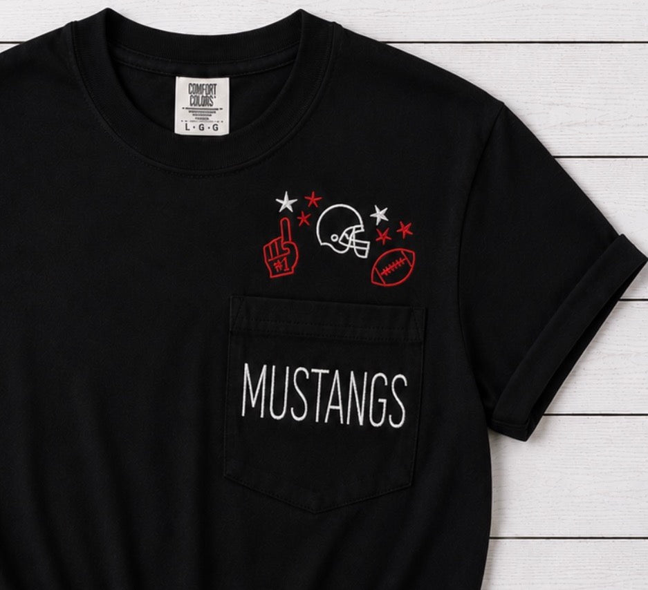 Mustangs Football Embroidered Pocket Tee