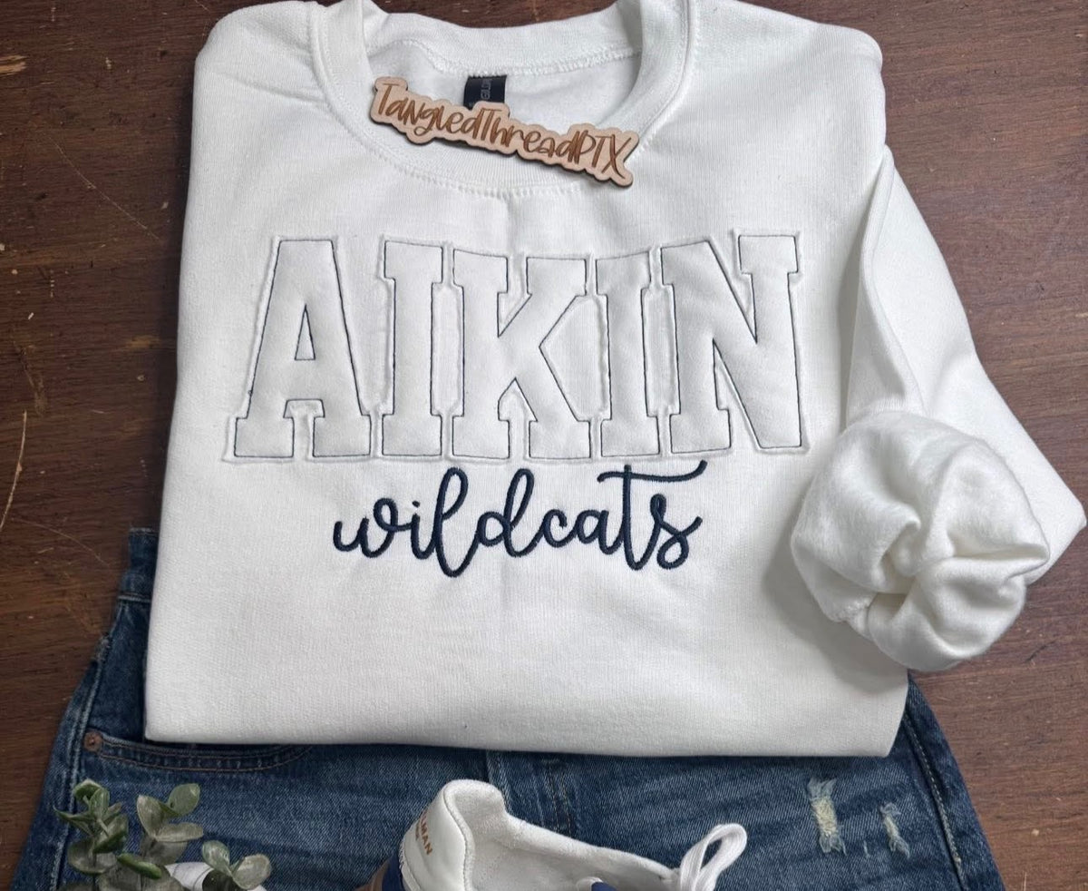 White AIKIN Wildcats Raggy Crewneck - Embroidered