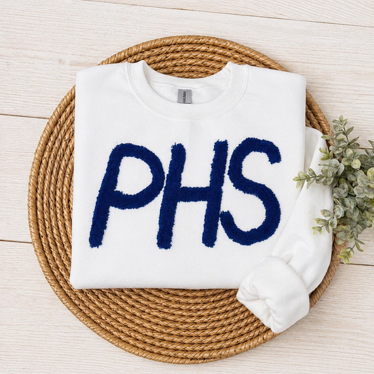 White PHS - Navy Chenille Yarn - Embroidered