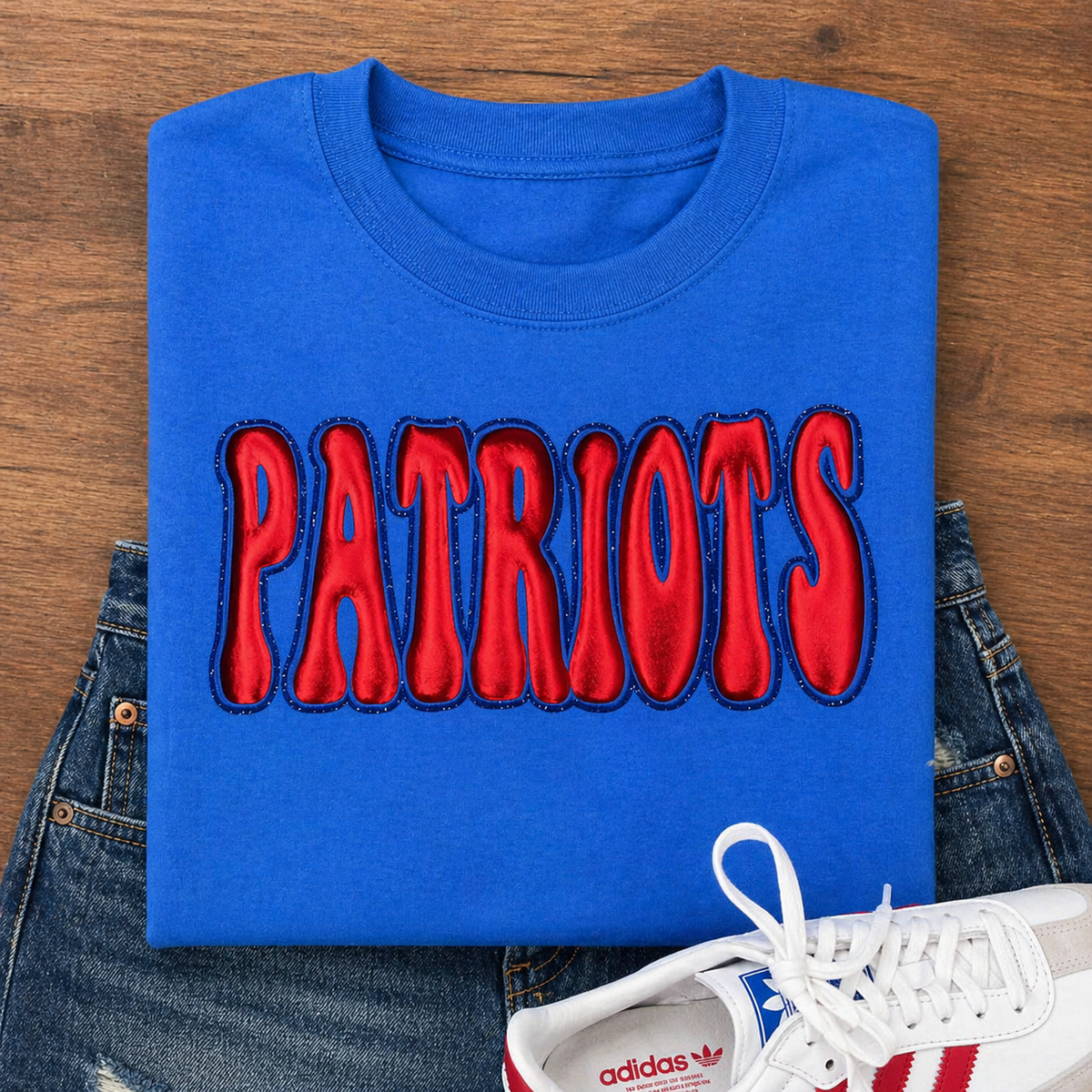 Royal Blue Patriots - Red Metallic Puff - Blue Glitter Outline