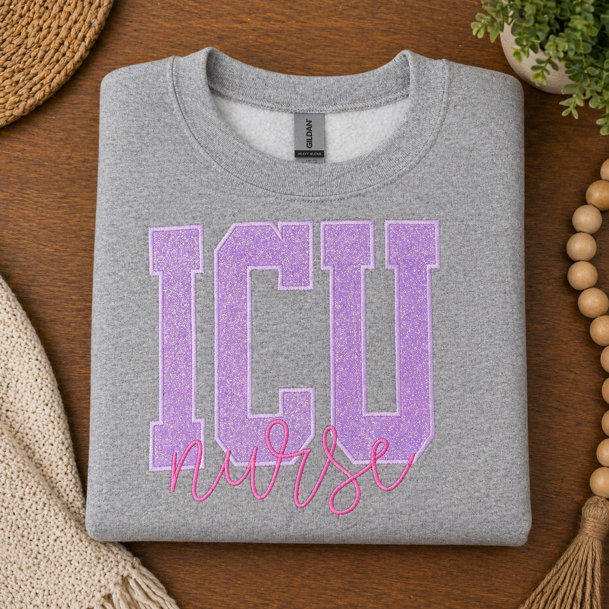 Purple ICU Nurse - Embroidered Sport Gray Gildan Sweatshirt