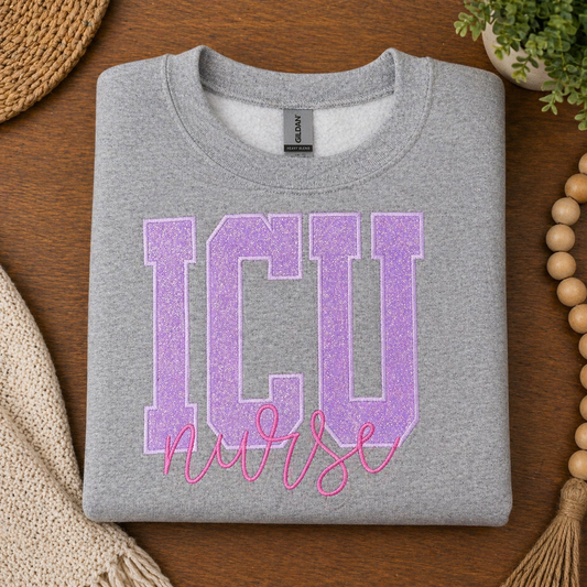 Purple ICU Nurse - Embroidered Sport Gray Gildan Sweatshirt
