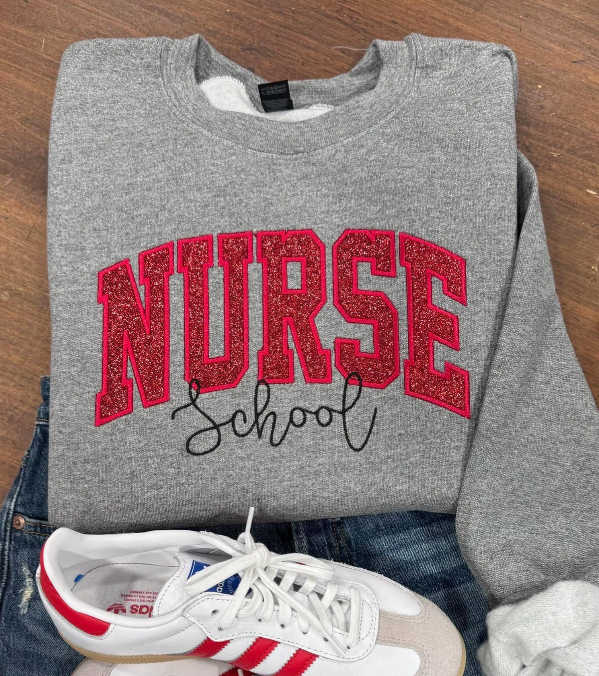 RED School Nurse- Embroidered Sport Gray Gildan Sweatshirt