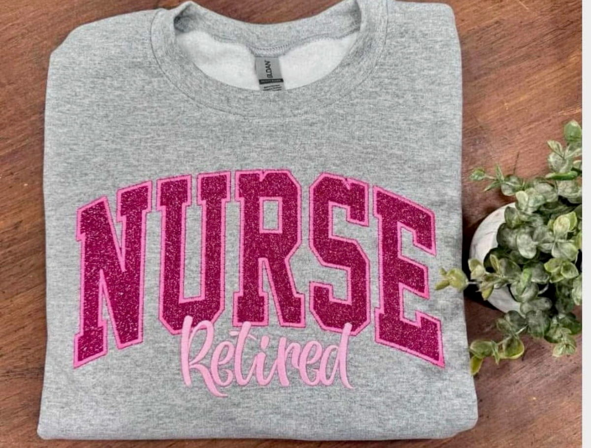 PINK Retired Nurse- Embroidered Sport Gray Gildan Sweatshirt