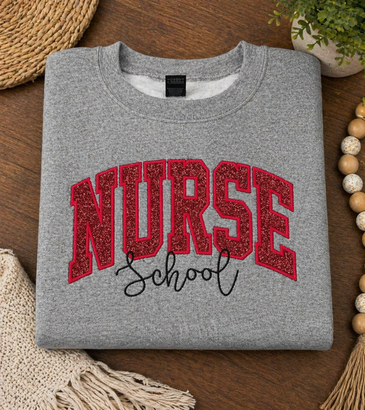 RED School Nurse- Embroidered Sport Gray Gildan Sweatshirt