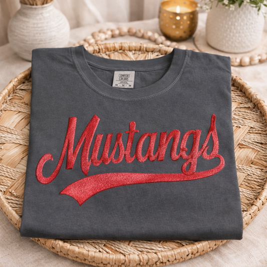 Charcoal Comfort Colors Mustangs -Glitter Red PUFF