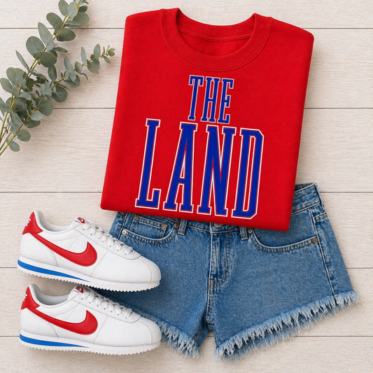Red The Land Tall Royal Letters White Outline