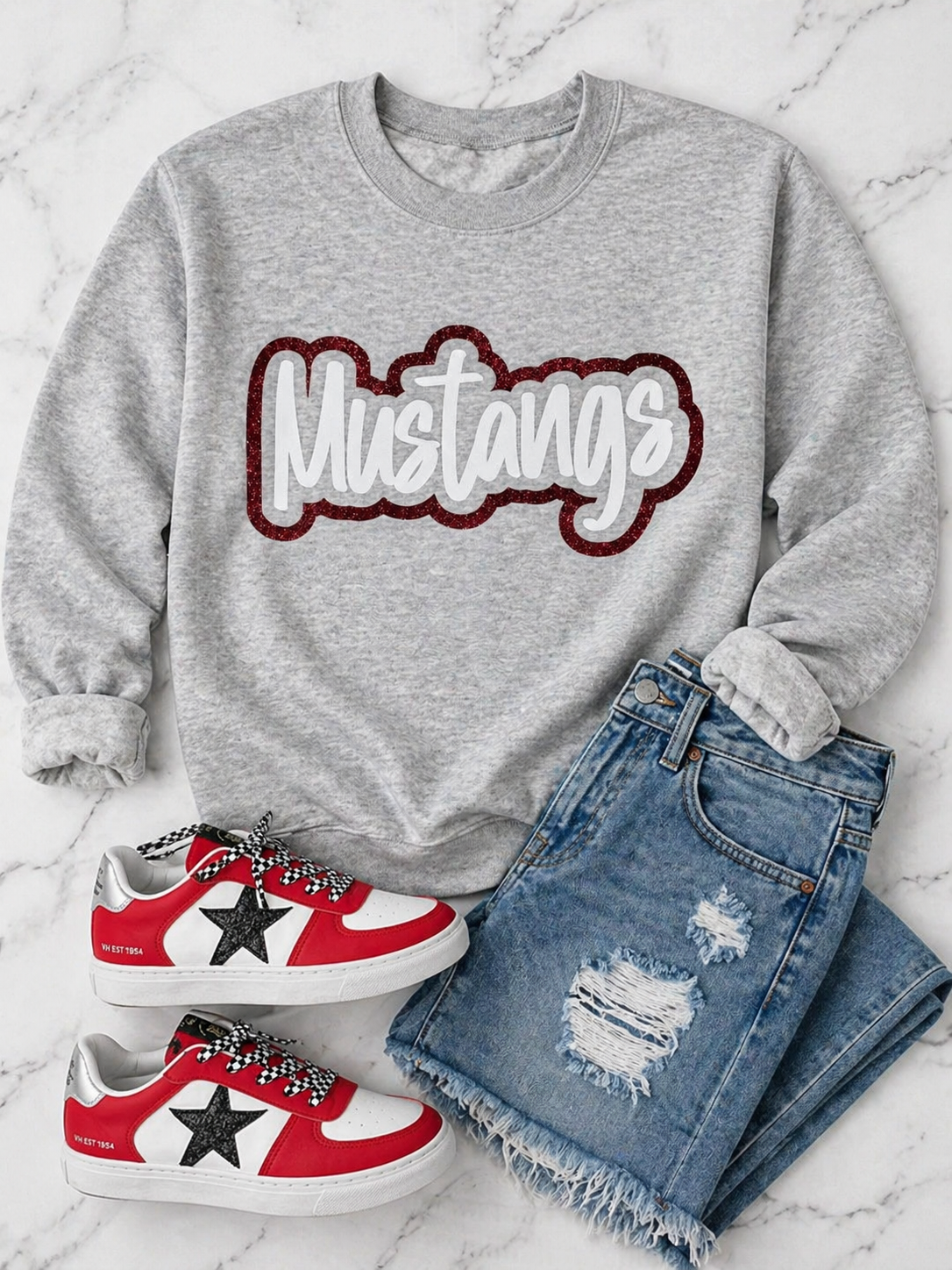 Ash Gray White Mustangs Puff with Red Glitter Outline