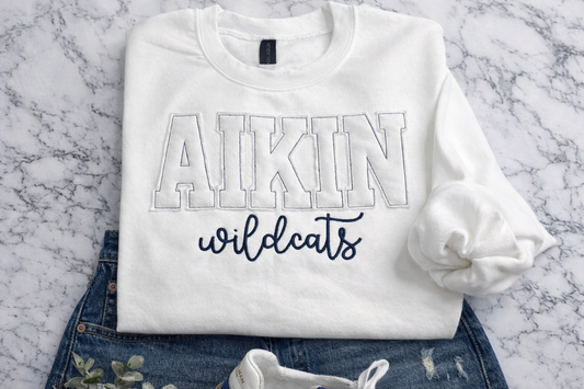 White AIKIN Wildcats  Raggy Crewneck - Embroidered