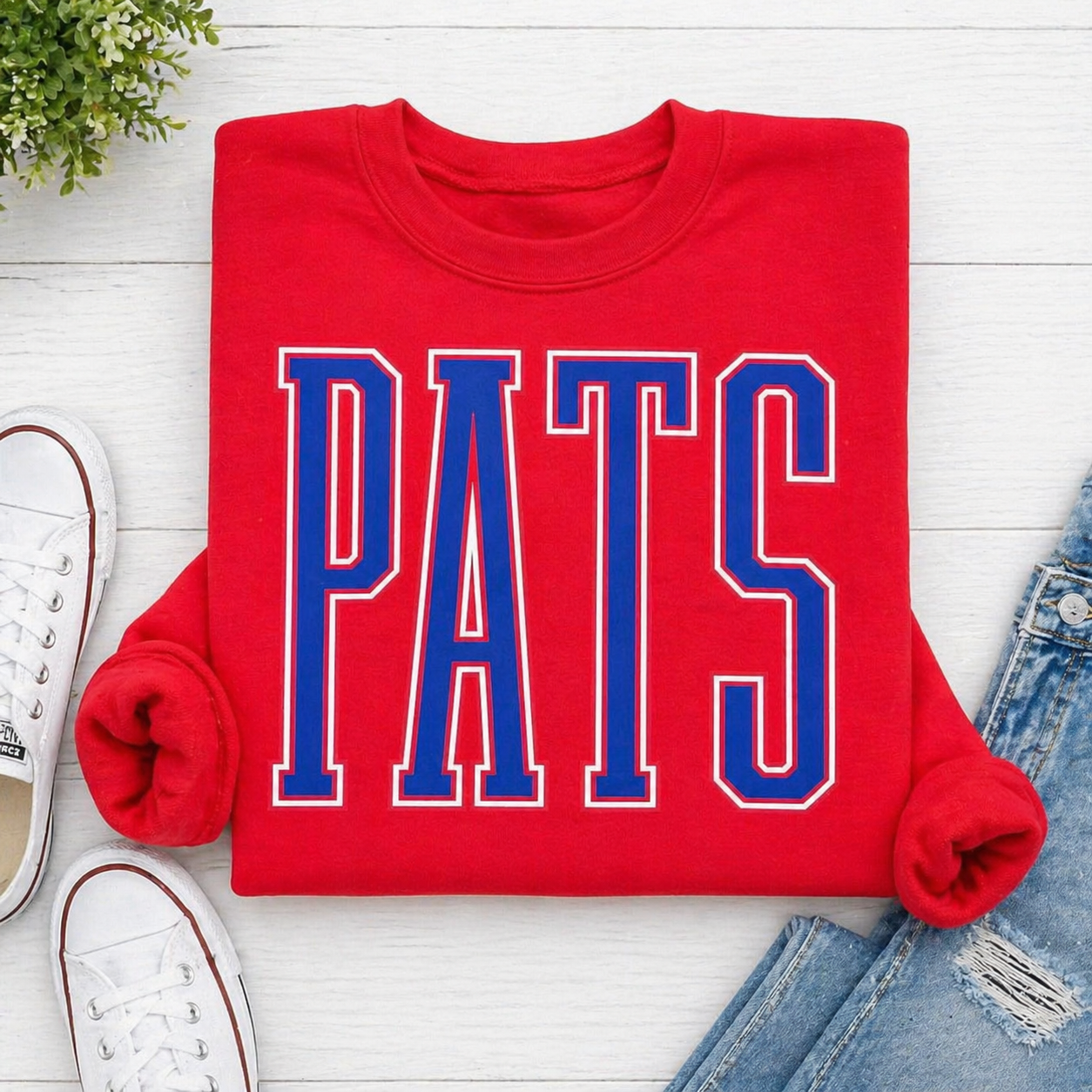Red PATS Tall Royal Blue Letters with White Outline