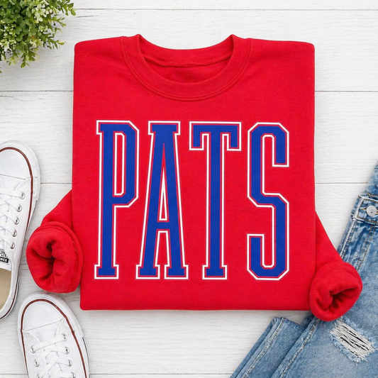 Red PATS Tall Royal Blue Letters with White Outline