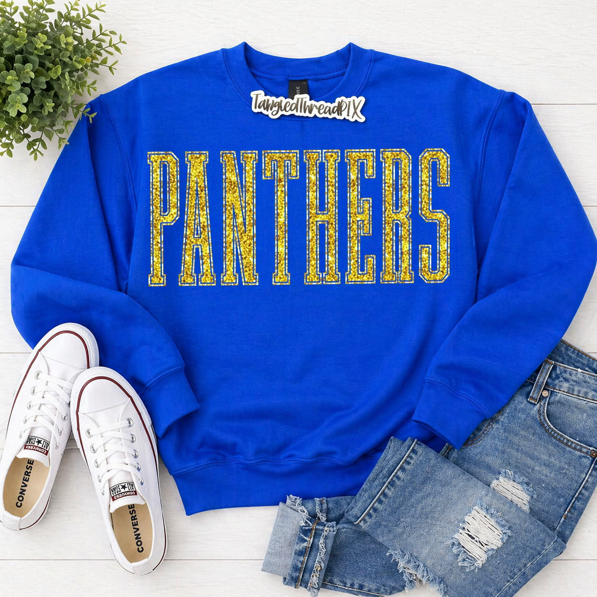 Panthers Tall Gold Glitter Letters - Royal Blue Sweatshirt