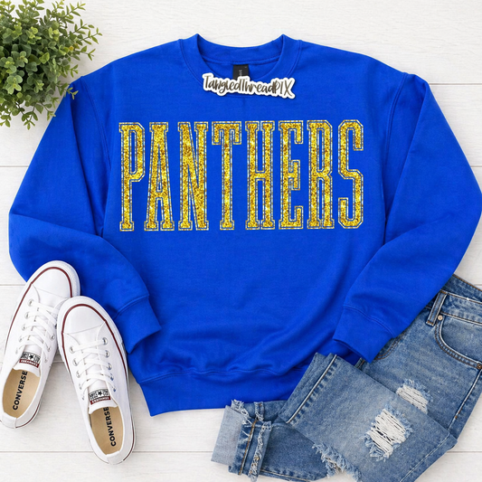 Panthers Tall Gold Glitter Letters - Royal Blue Sweatshirt