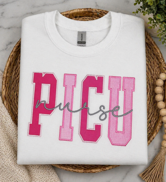 PINK PICU Nurse - Appliqué Lettering - Embroidered White Gildan Sweatshirt