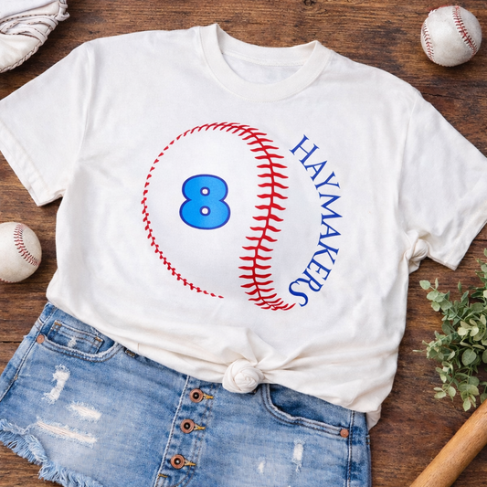 Haymakers - Personalized Stitches &  Number Tee - White Comfort Colors