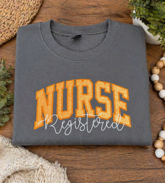 Orange Registered Nurse- Embroidered Charcoal Gildan Sweatshirt;