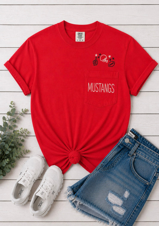 Mustangs Football Embroidered Pocket Tee