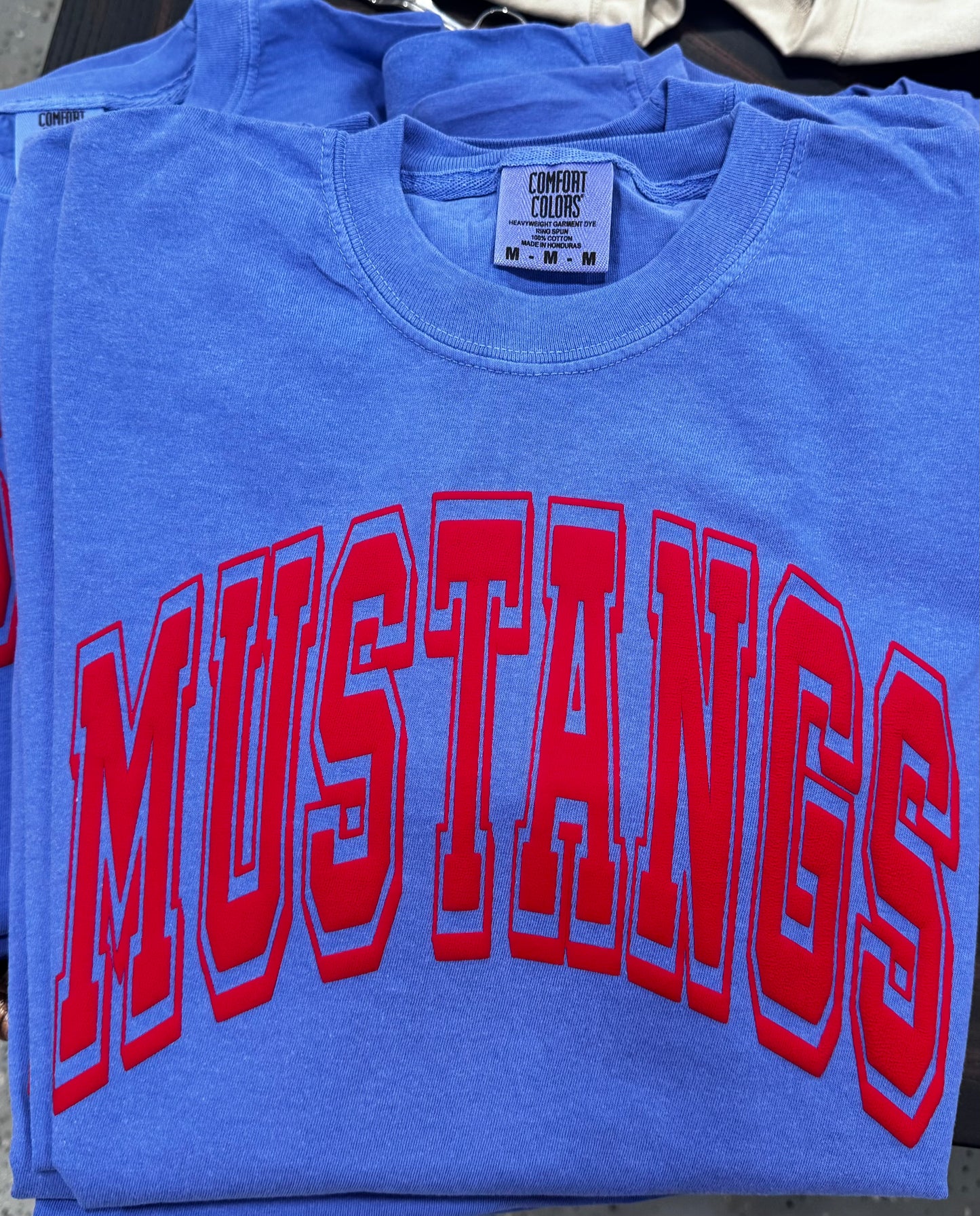Flo Blue Mustangs Red Puff