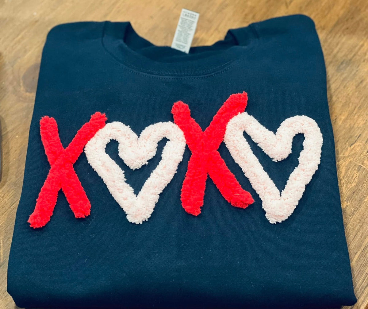 Black XOXO - Red & White Chenille Yarn - Embroidered