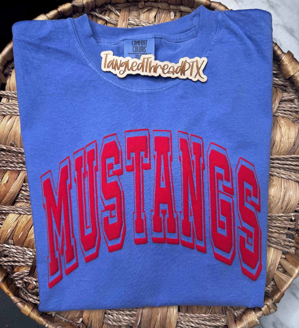Flo Blue Mustangs Red Puff