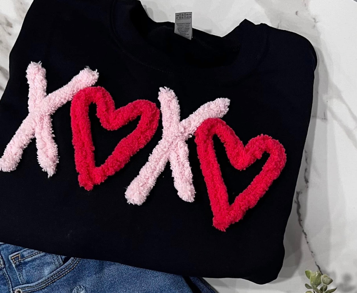 Black XOXO - PINK & Red Chenille Yarn - Embroidered