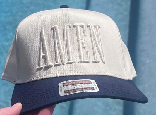 AMEN Puff Cream Thread Navy Bill - Embroidered Hat