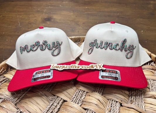 Red Bill Grinchy or Merry - Embroidered Hat - red & green variegated thread