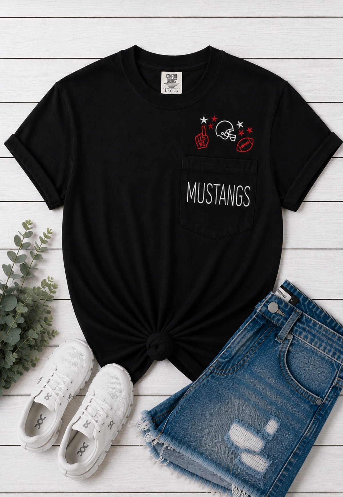 Mustangs Football Embroidered Pocket Tee