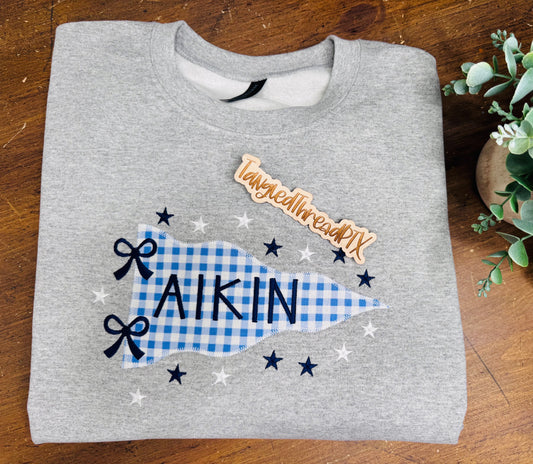 Aikin Pennant Flag - Light Blue Gingham - Embroidered