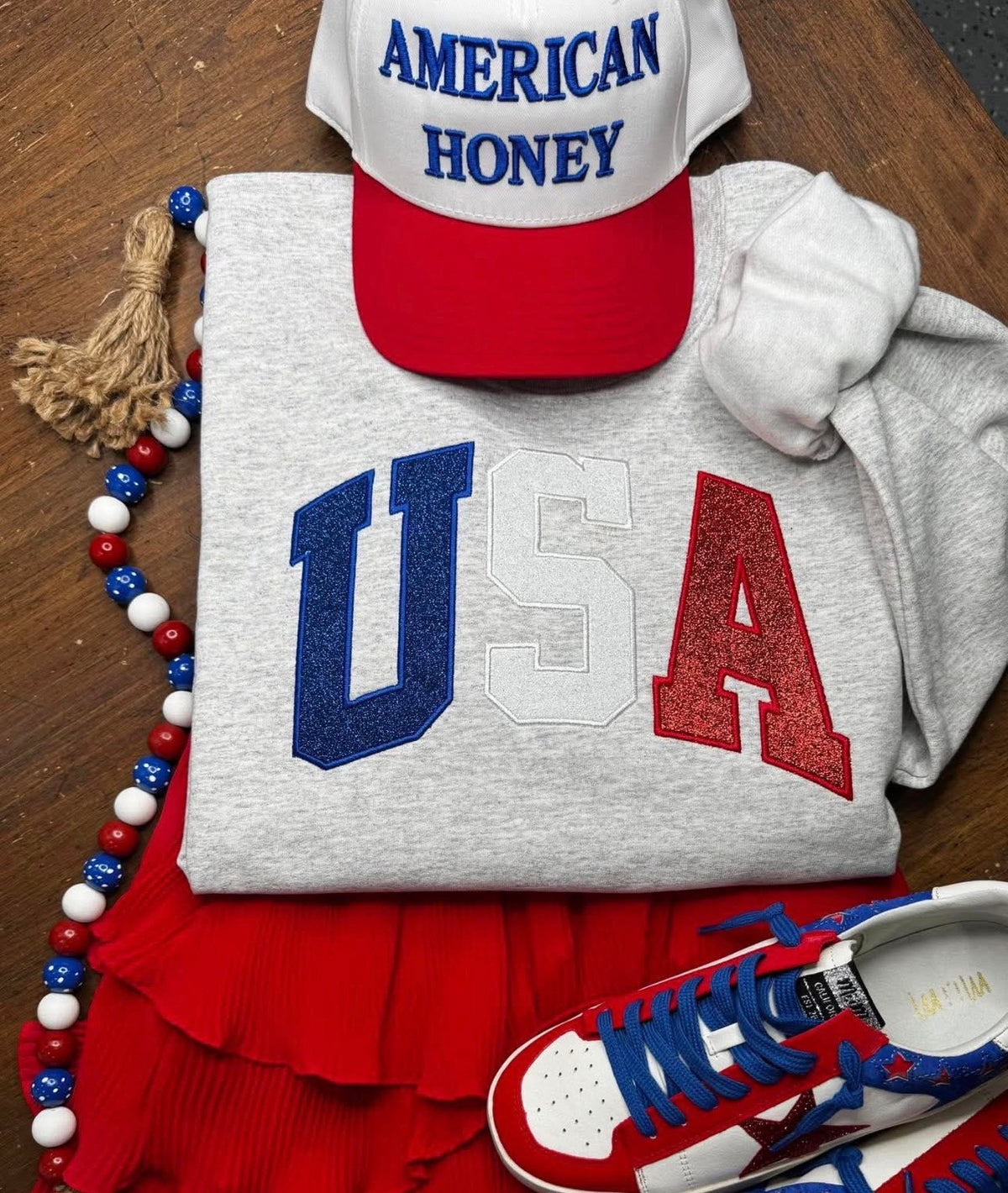 Ash Gray USA Patriotic Letters - Embroidered