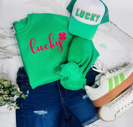 Irish Green Sweatshirt Hot Pink Lucky Pocket Script