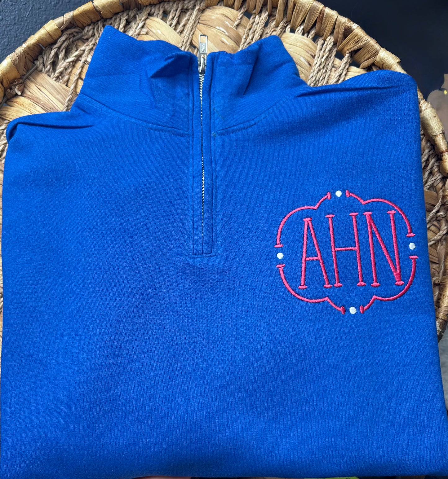 Royal Blue Quarter Zip - Hot Pink Monogram - Embroidered