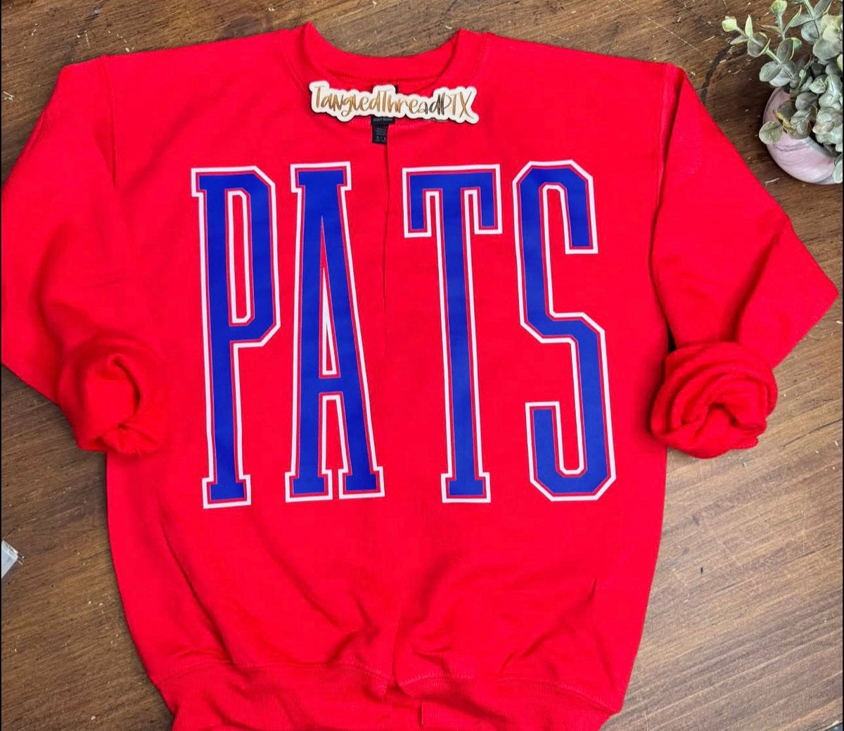 Red TALL Patriots - Royal Lettes with white outline - cut “cardigan”