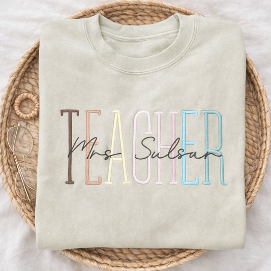 Pastel TEACHER - Embrodiered Personalized Sweatshirt - Sand