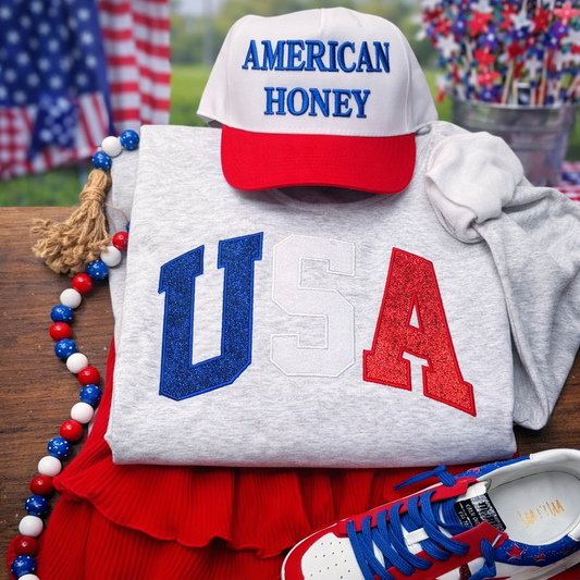 Ash Gray USA Patriotic Letters - Embroidered