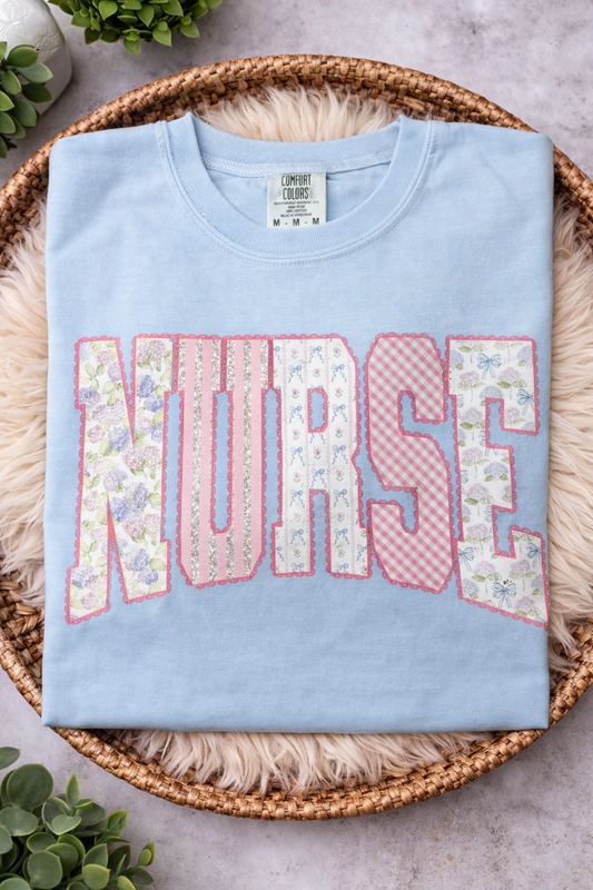 Patchwork Nurse - Hydrangea Blue Comfort Colors