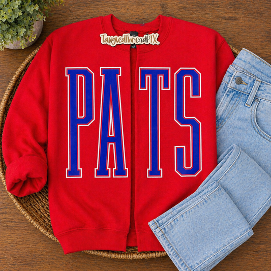 Red TALL Patriots - Royal Lettes with white outline - cut “cardigan”