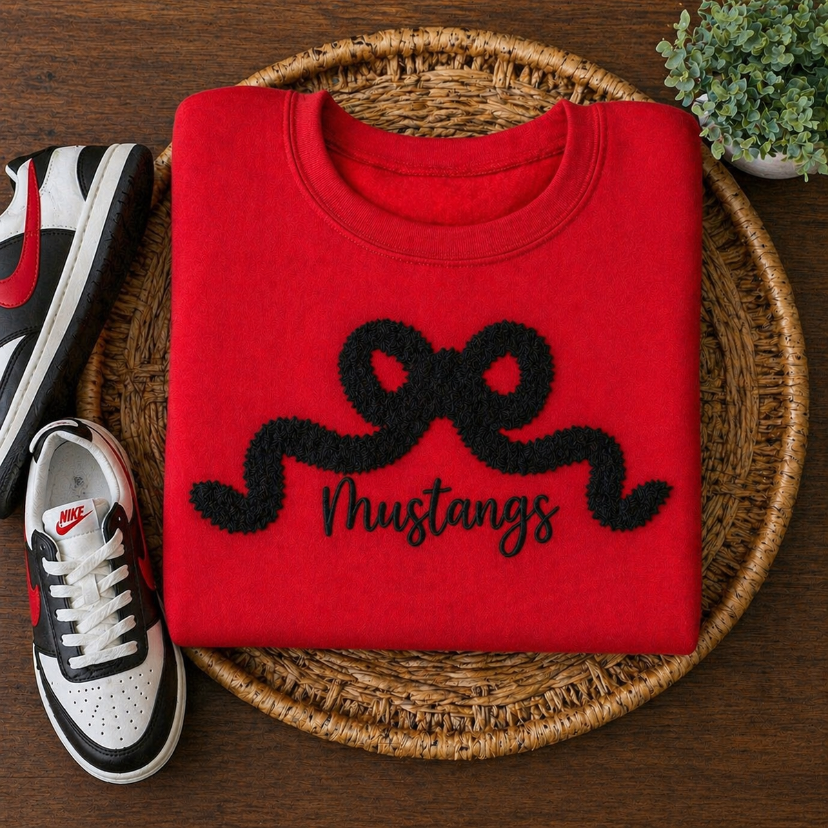Red Mustangs - Black Chenille Bow - Embroidered