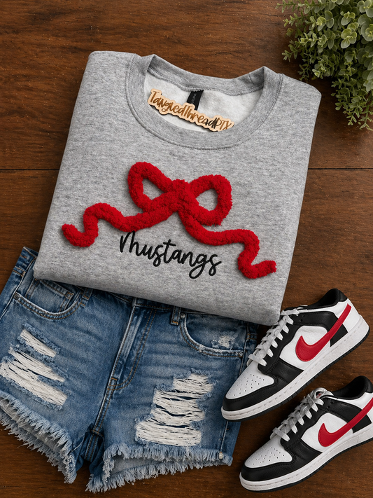 Sport Gray Mustangs with Red Chenille Bow - Embroidered