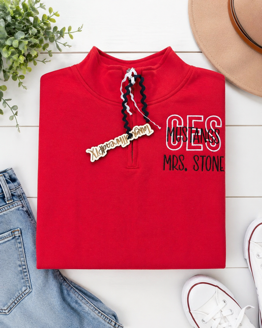 Red CES Mustangs 1/4 Zip Personalized Sweatshirt