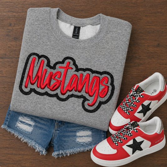 Gray Mustangs Red Metallic Puff Black Outline