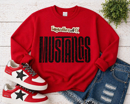 Red Mustangs Black Distressed Letters