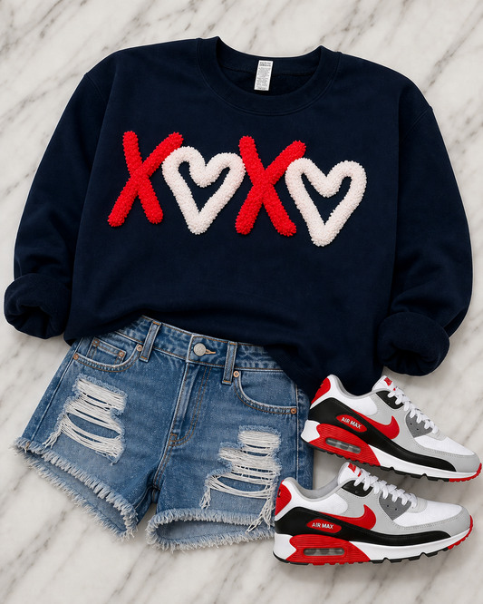 Black XOXO - Red & White Chenille Yarn - Embroidered