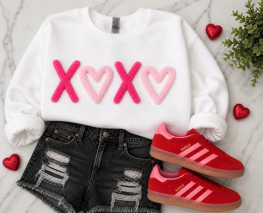 White XOXO - Hot & Light Pink Chenille Yarn - Embroidered