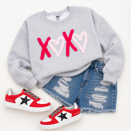 Ash Gray XOXO - Hot Pink & Light Chenille Yarn - Embroidered