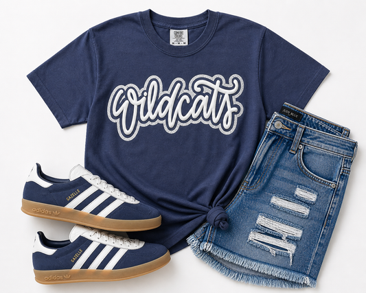 Navy Script White Wildcats PUFF  Outlined Silver Glitter