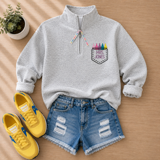 Ash Gray Crayon Pocket Quarter Zip - Personalized & Embroidered