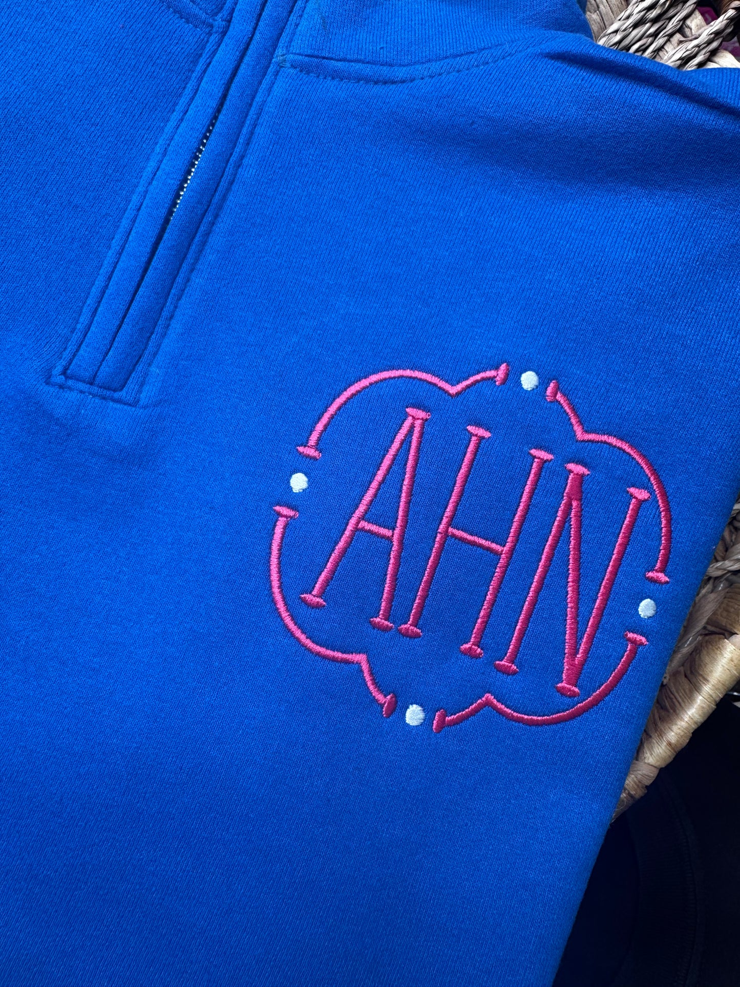 Royal Blue Quarter Zip - Hot Pink Monogram - Embroidered