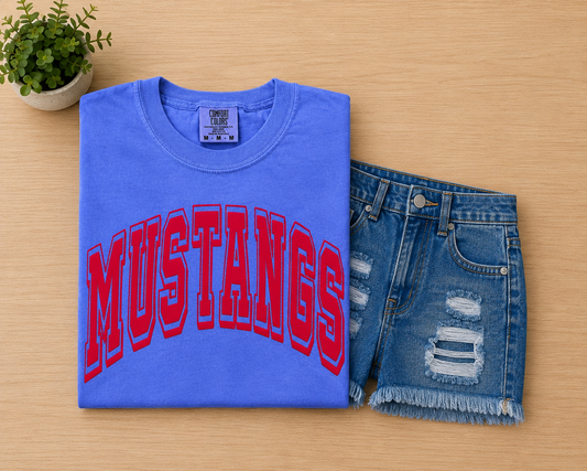 Flo Blue Mustangs Red Puff