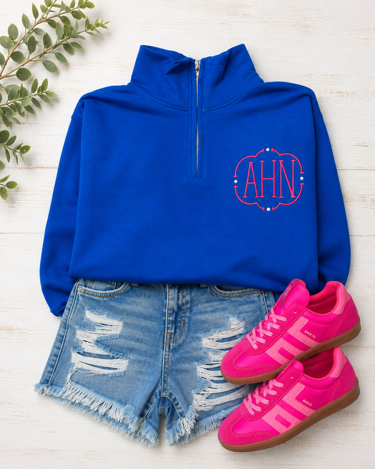 Royal Blue Quarter Zip - Hot Pink Monogram - Embroidered